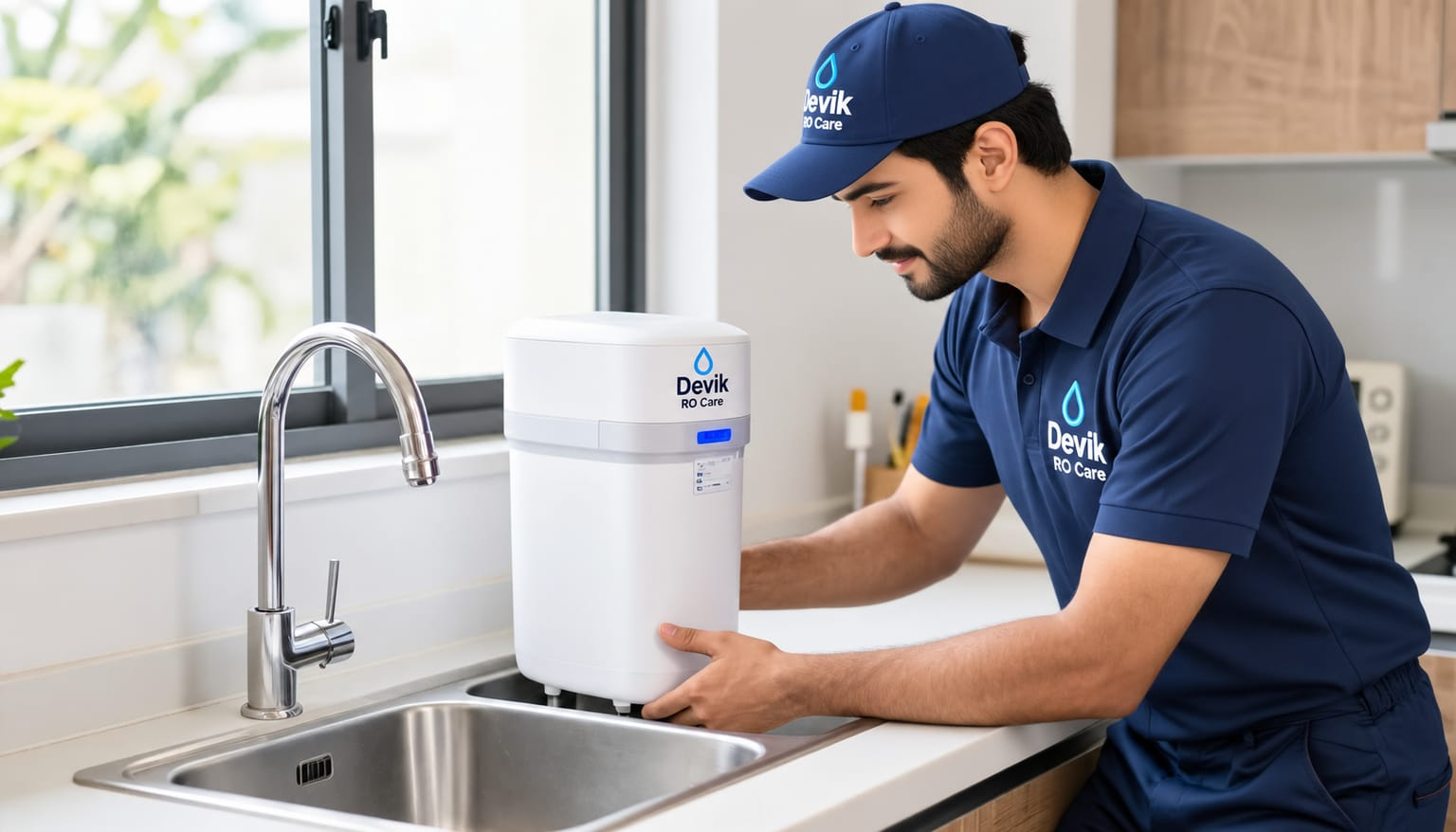 Devik RO Care technician installing an RO water purifier in a Delhi NCR home kitchen